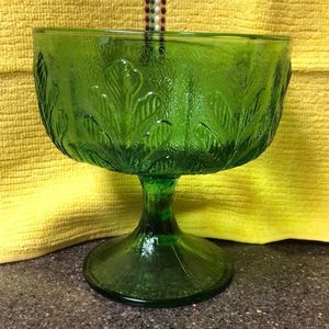 VTG Spruce Green Footed Glass Compote with Oak Leaf Design
